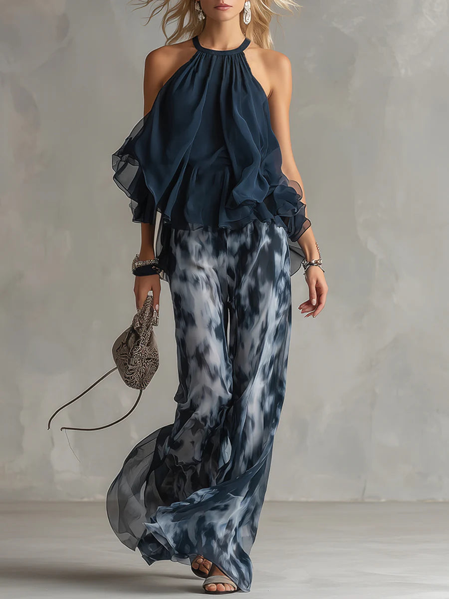 Ildefonsa | Conjunto de Gasa con Top de Espalda Descubierta Azul Marino y Pantalón Estampado