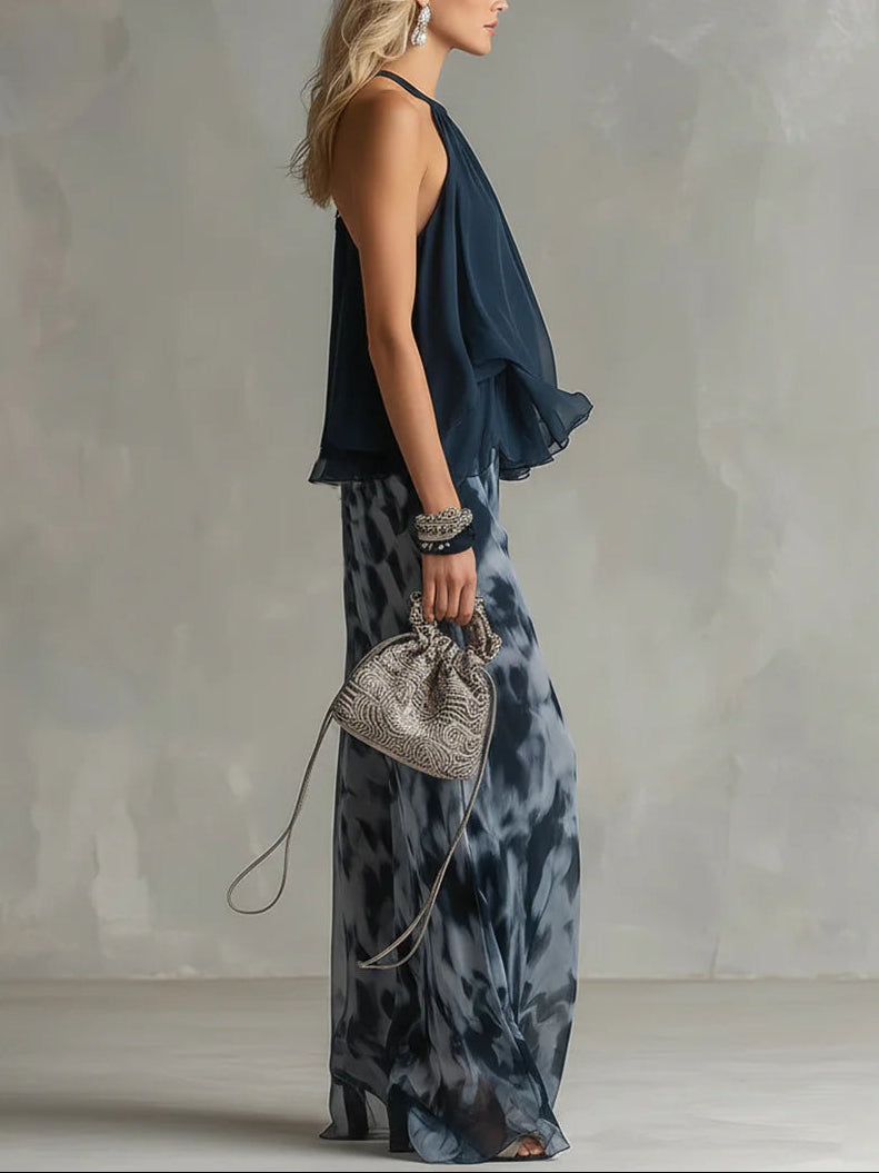 Ildefonsa | Conjunto de Gasa con Top de Espalda Descubierta Azul Marino y Pantalón Estampado