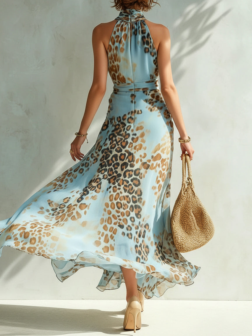 Plácida | Vestido Largo de Leopardo con Escote Anudado