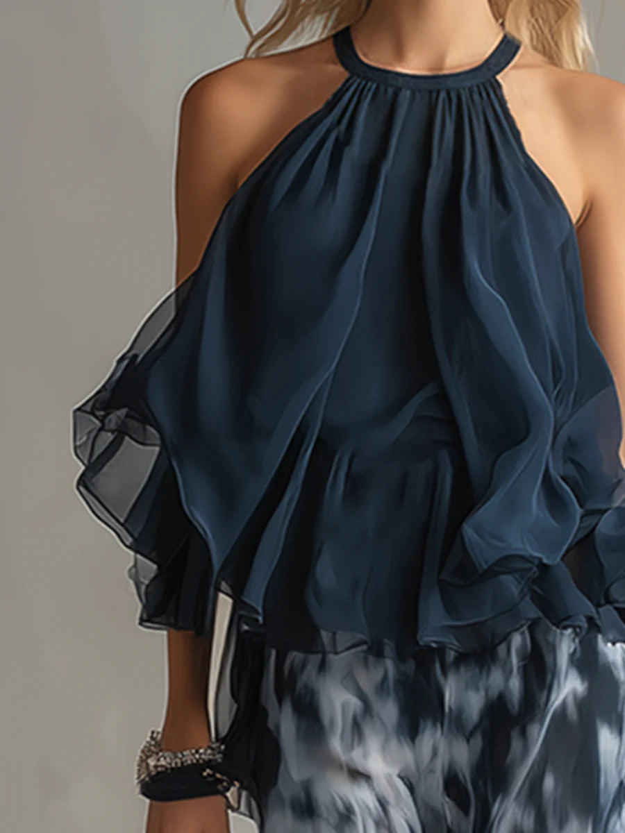 Ildefonsa | Conjunto de Gasa con Top de Espalda Descubierta Azul Marino y Pantalón Estampado