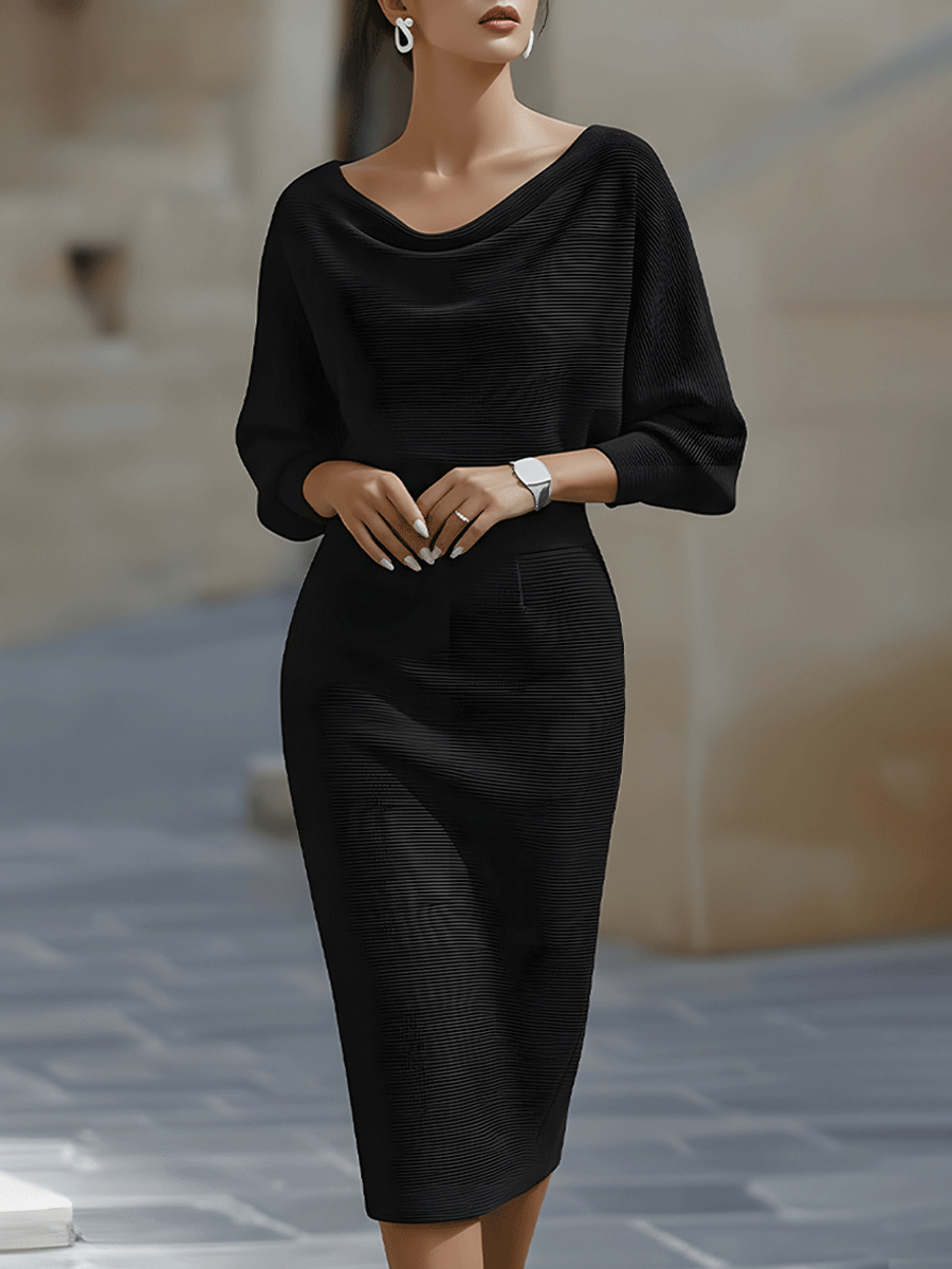 Nazaria | Vestido Midi Drapeado de Mangas Murciélago