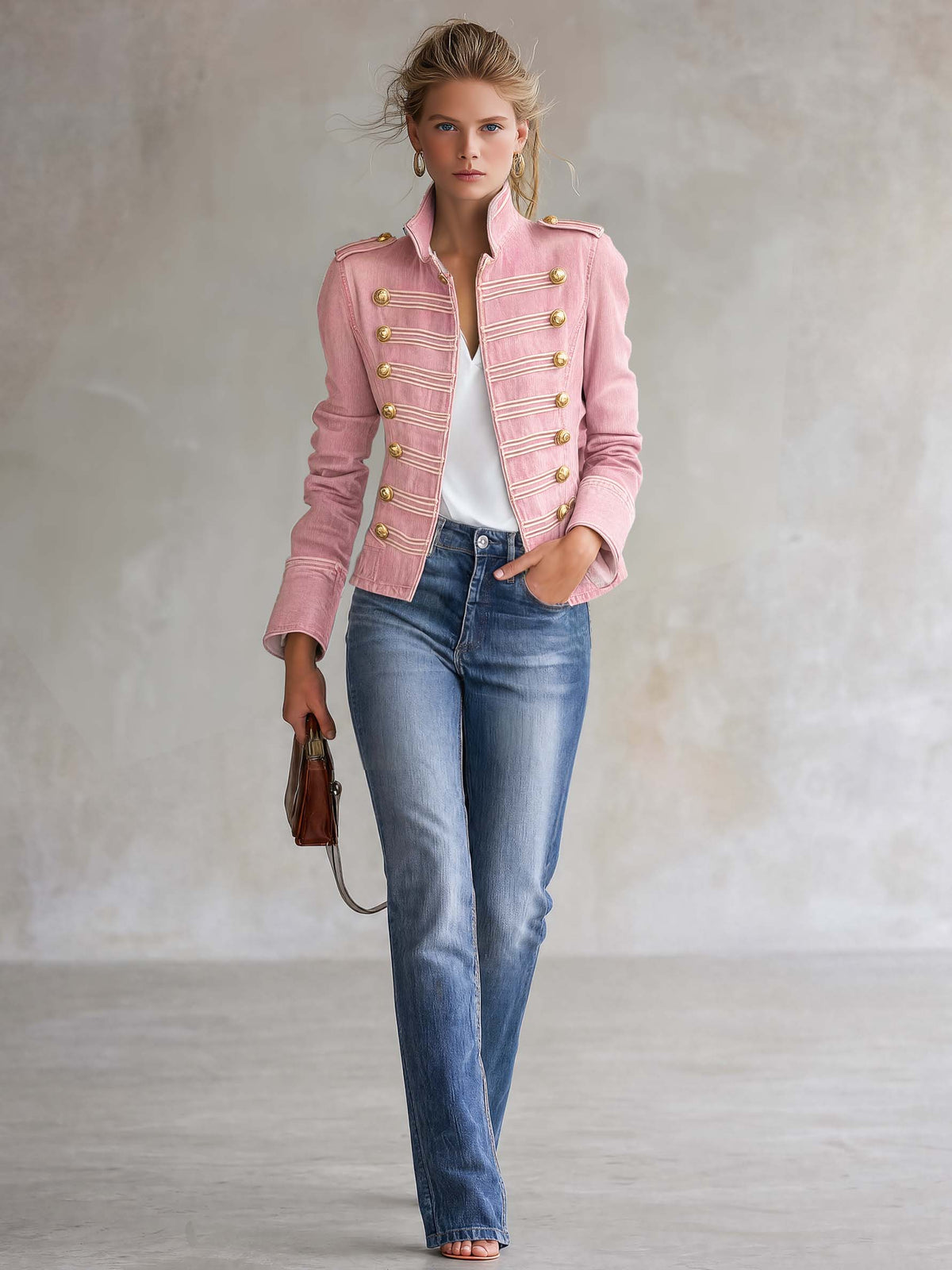 Sinesia | Chaqueta Militar Vaquera Rosa con Botones Dorados