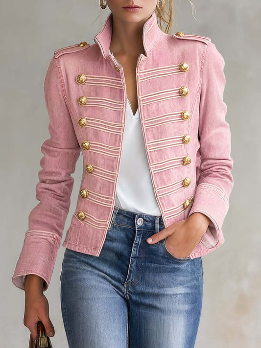 Sinesia | Chaqueta Militar Vaquera Rosa con Botones Dorados