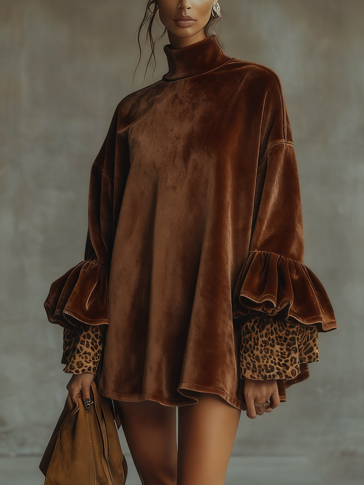 Domitila | Minivestido de Terciopelo con Mangas de Volantes y Puños de Leopardo