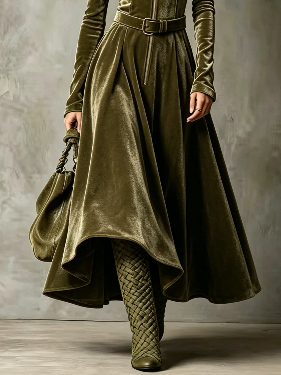 Evarista | Vestido Largo de Terciopelo Verde Oliva con Cremallera y Cinturón