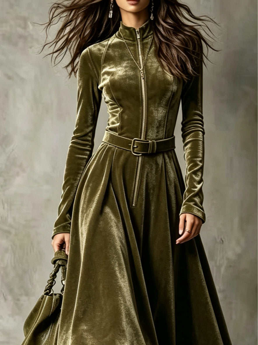 Evarista | Vestido Largo de Terciopelo Verde Oliva con Cremallera y Cinturón