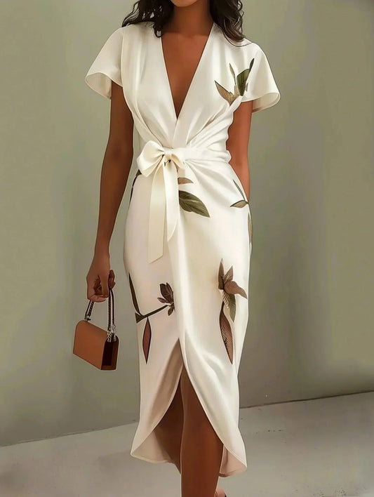 Justa | Vestido Midi Cruzado con Estampado de Hojas