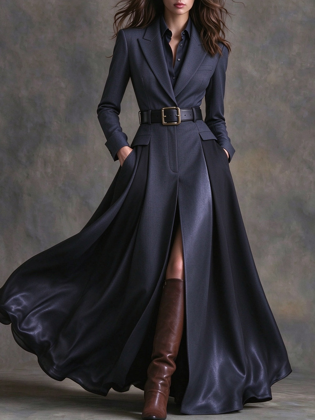 Escolástica | Vestido Largo Azul Marino con Cinturón y Solapas