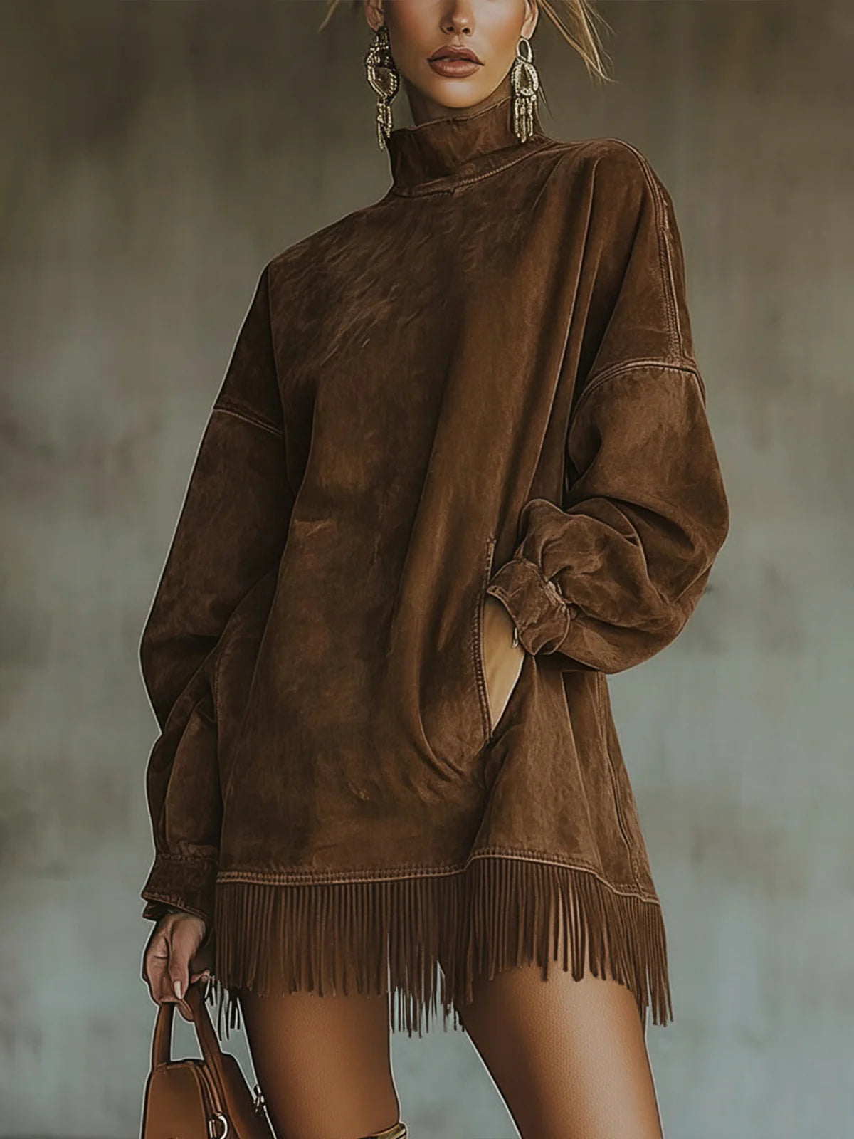 Apolonia | Vestido de Ante con Cuello Alto y Flecos