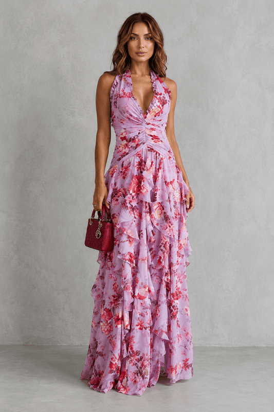 Cipriana | Vestido Largo Floral con Escote Anudado
