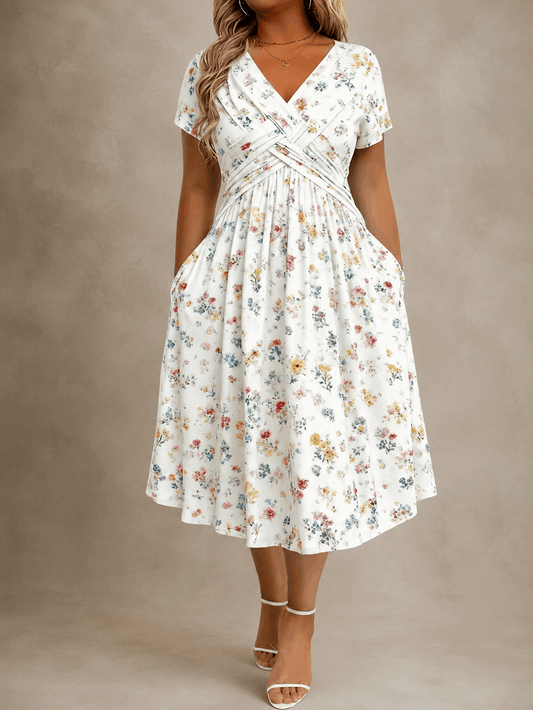 Felipa | Vestido Midi Floral Cruzado de Manga Corta