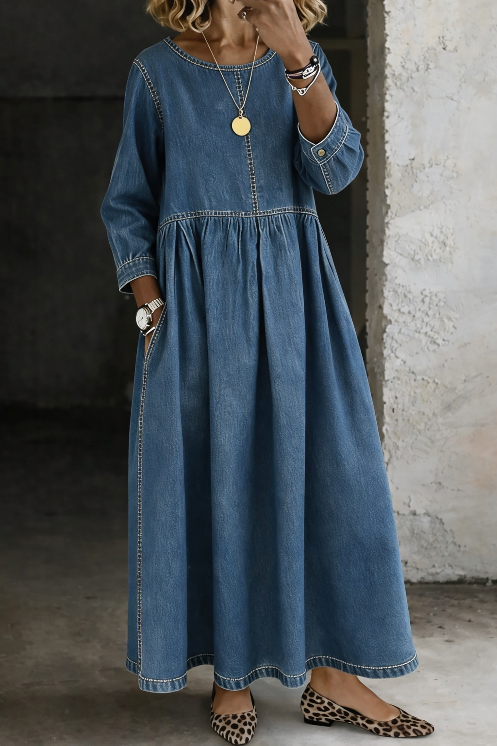 Gervasia | Vestido Midi Amplio con Cintura Fruncida