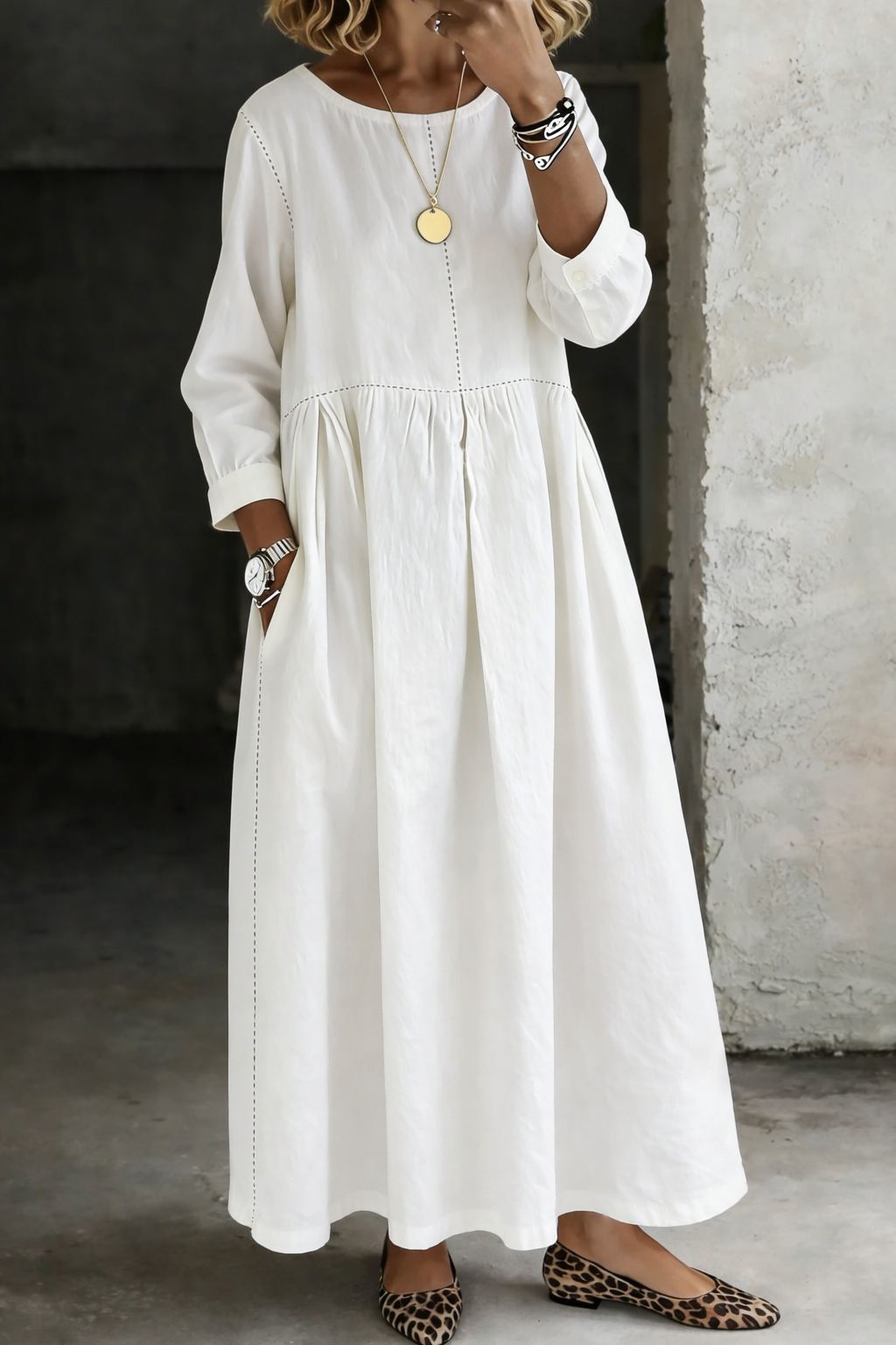 Gervasia | Vestido Midi Amplio con Cintura Fruncida