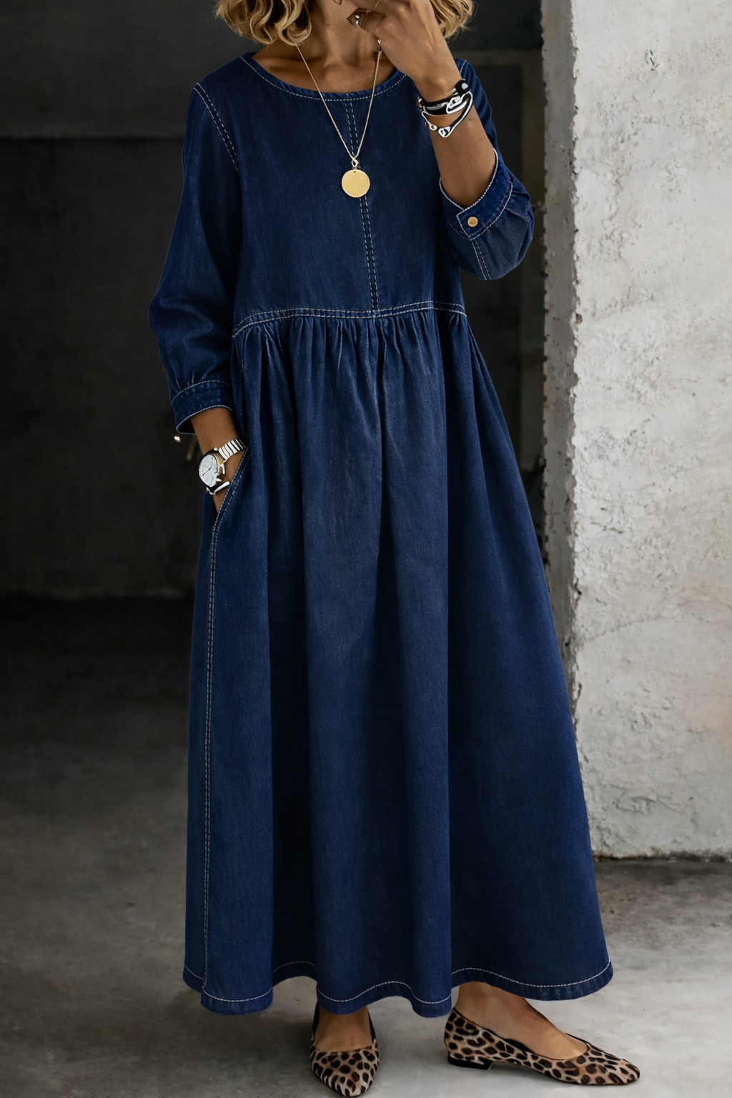 Gervasia | Vestido Midi Amplio con Cintura Fruncida