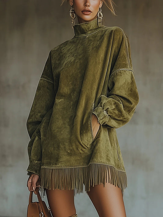 Apolonia | Vestido de Ante con Cuello Alto y Flecos