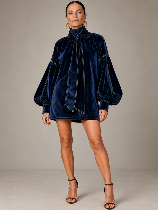 Hermenegilda | Vestido Corto con Lazo y Mangas Voluminosas