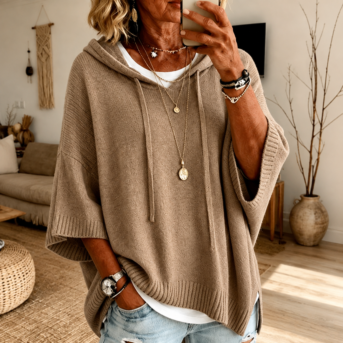 Fermina | Jersey Poncho con Capucha de Punto Suave