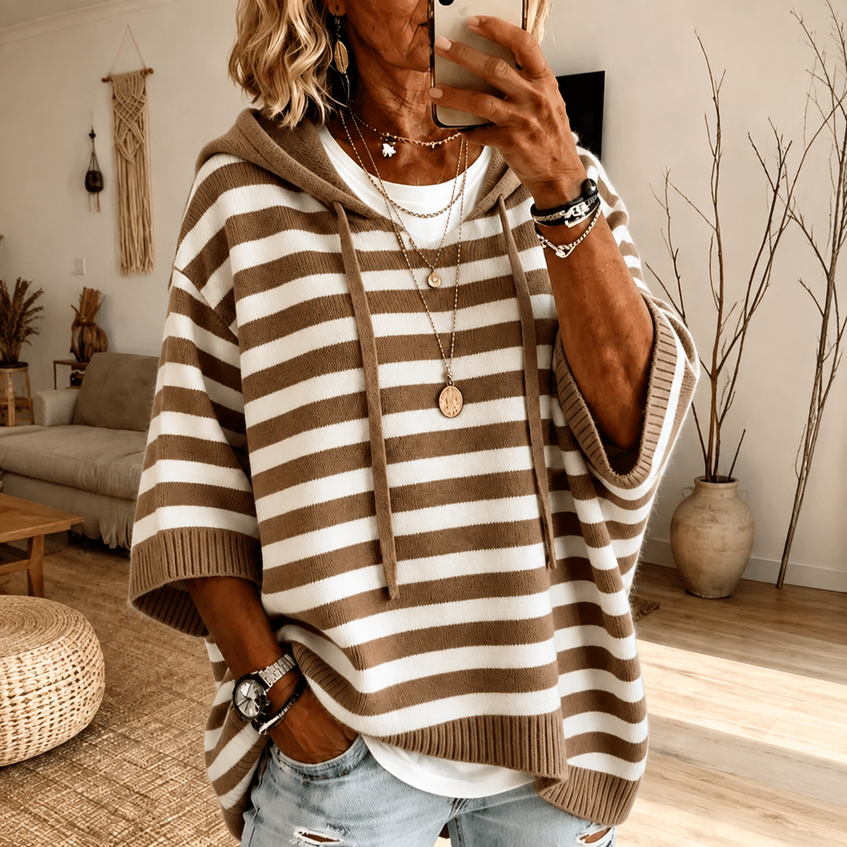 Jersey poncho de rayas taupe