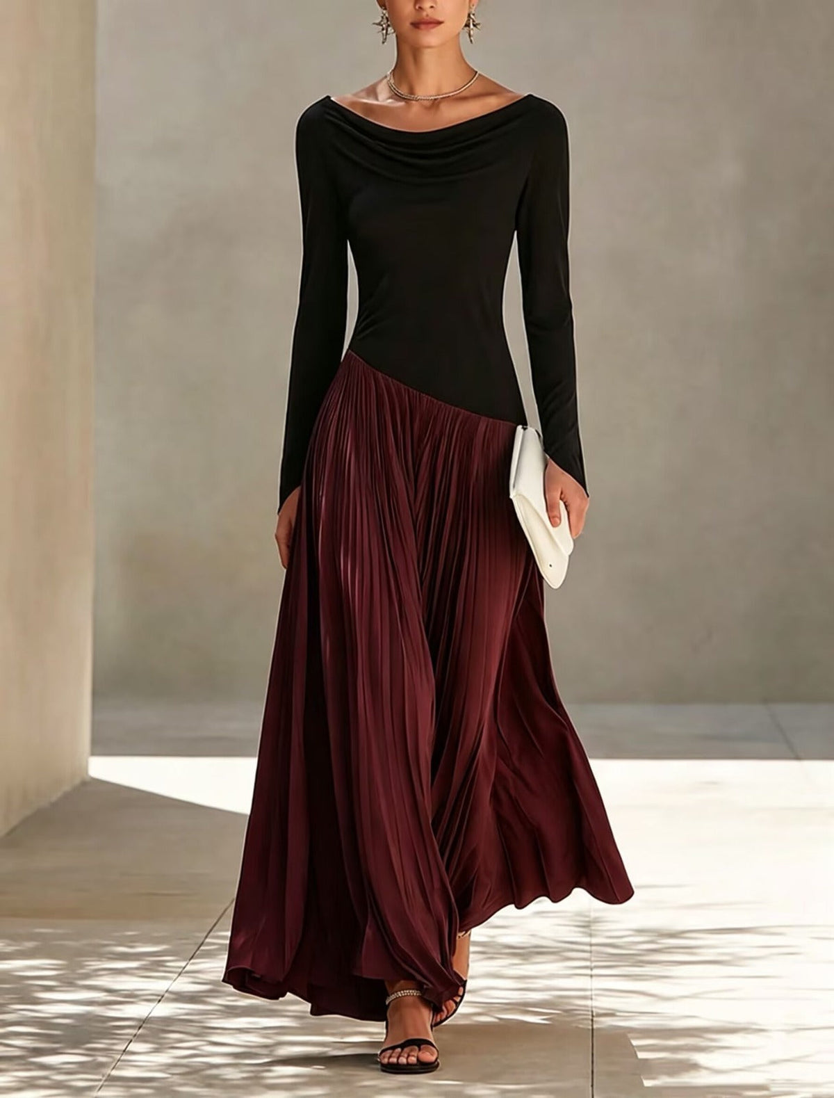 Tránsito | Vestido Largo Drapeado de Punto con Falda Plisada