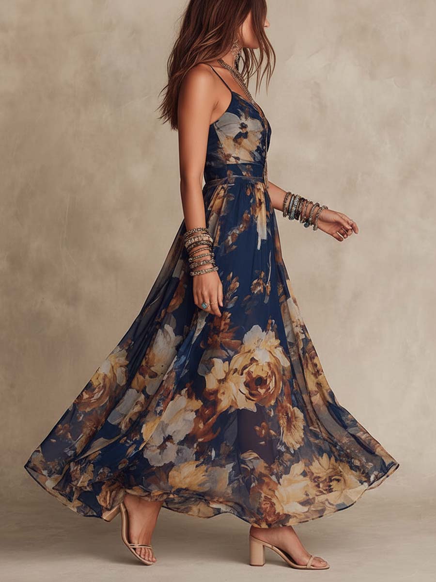 Eusebia | Vestido Largo de Gasa Azul Marino con Flores y Tirantes Finos