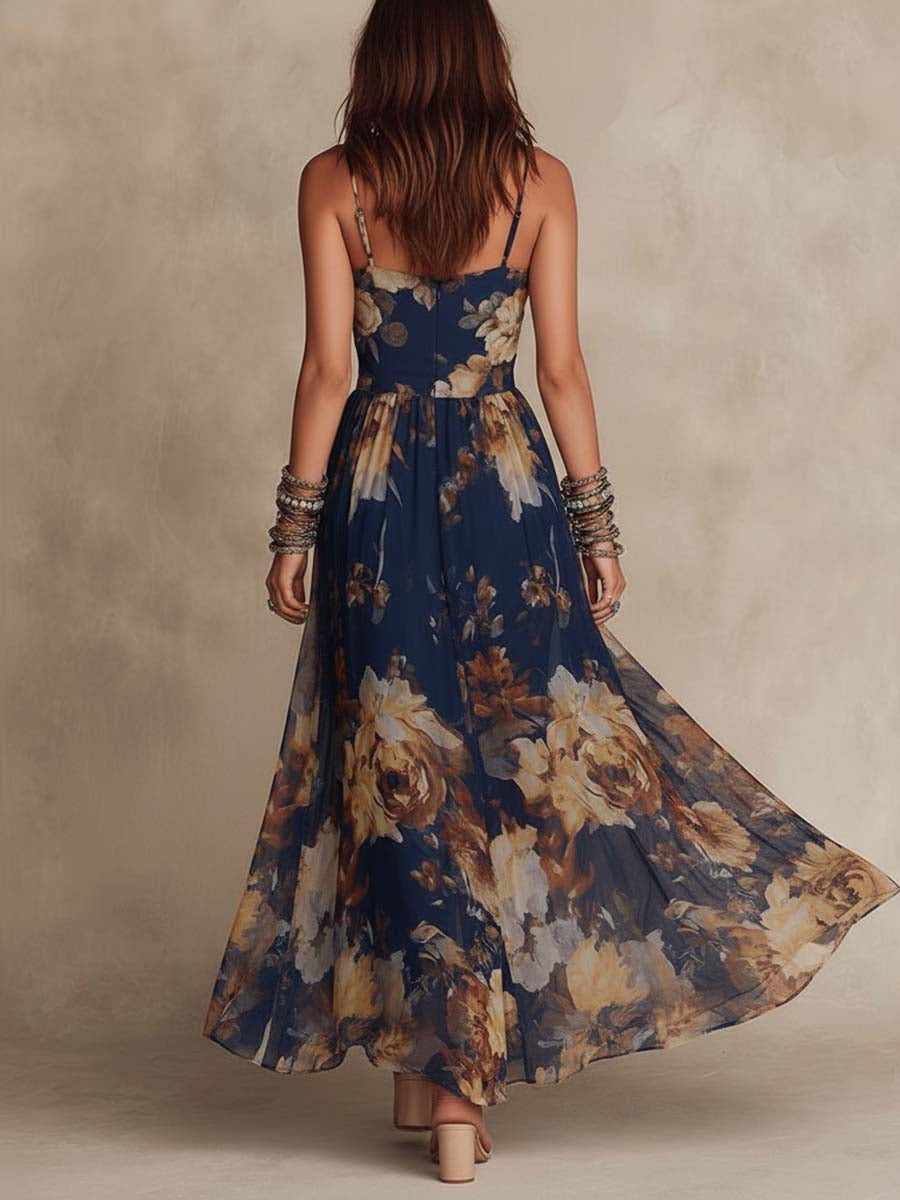 Eusebia | Vestido Largo de Gasa Azul Marino con Flores y Tirantes Finos