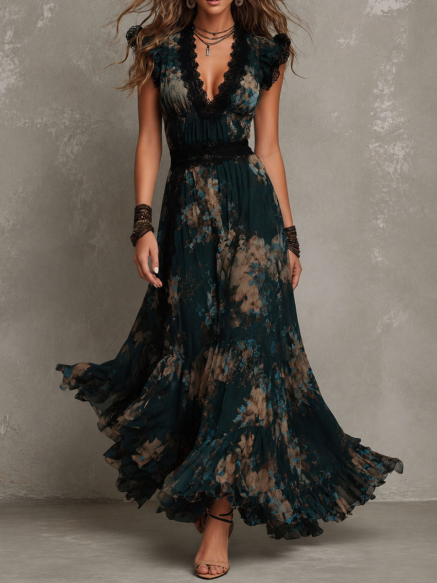 Florinda | Vestido Largo Floral con Encaje y Escote en V