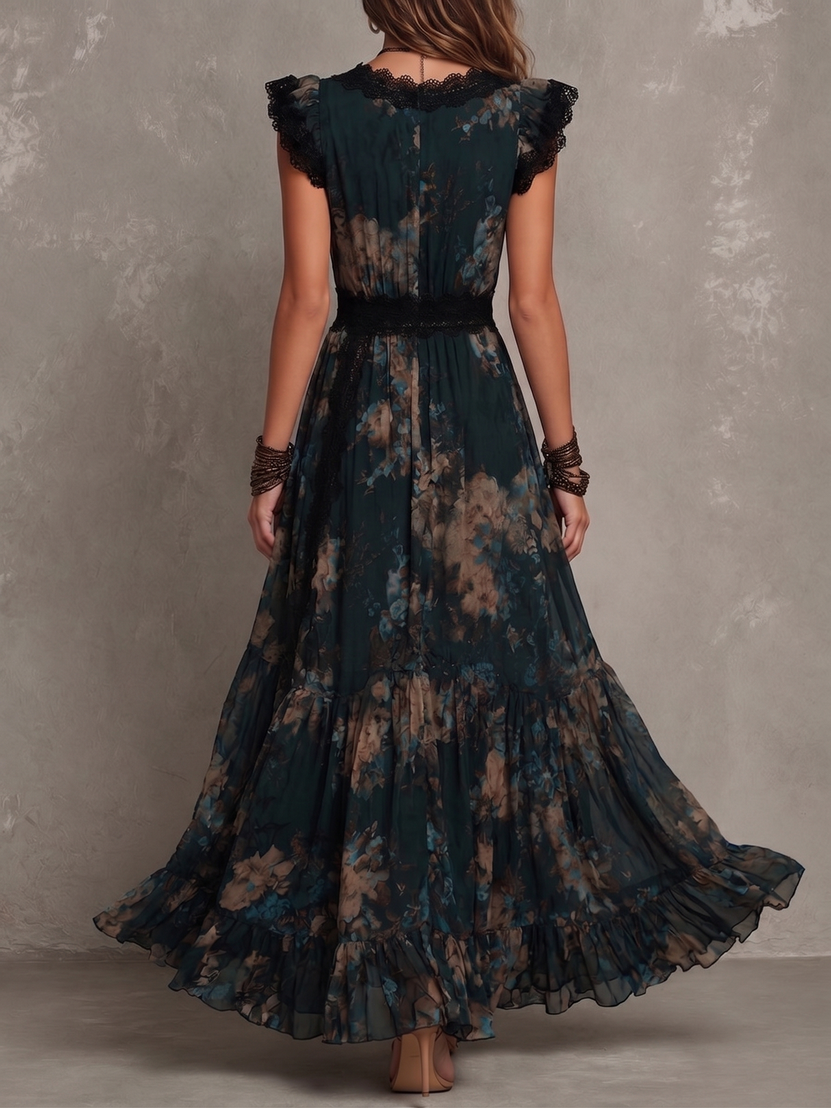 Florinda | Vestido Largo Floral con Encaje y Escote en V
