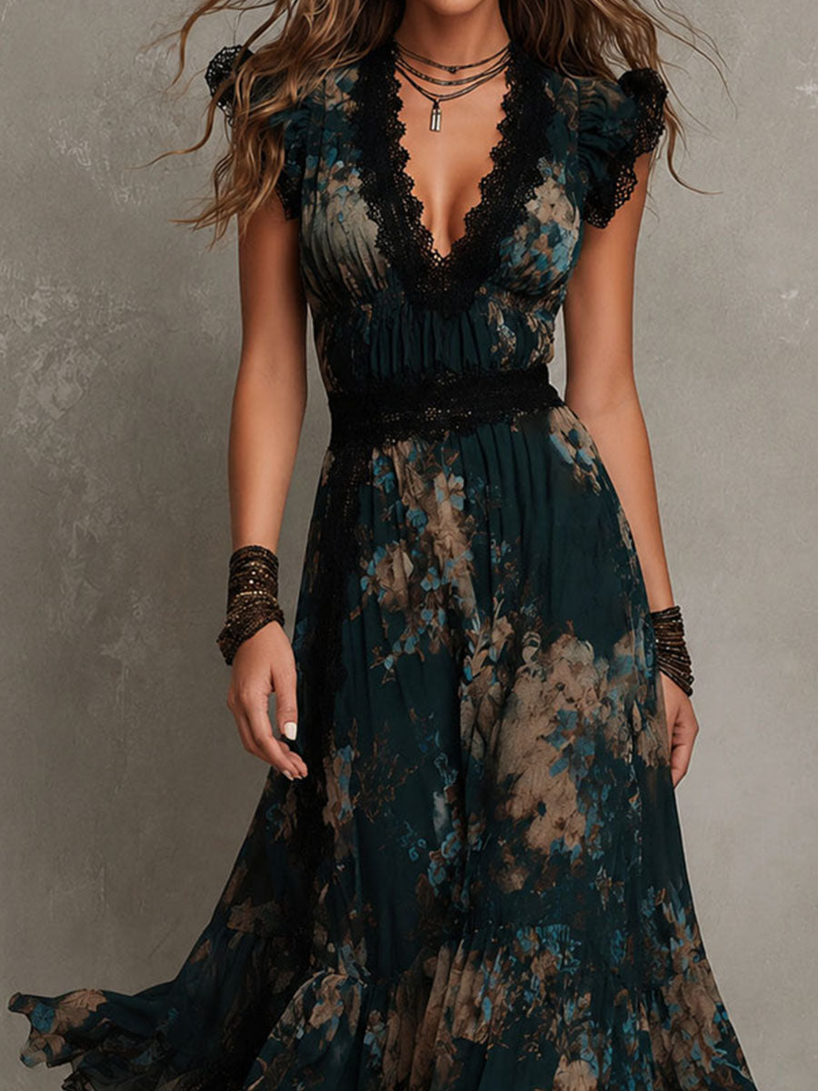 Florinda | Vestido Largo Floral con Encaje y Escote en V
