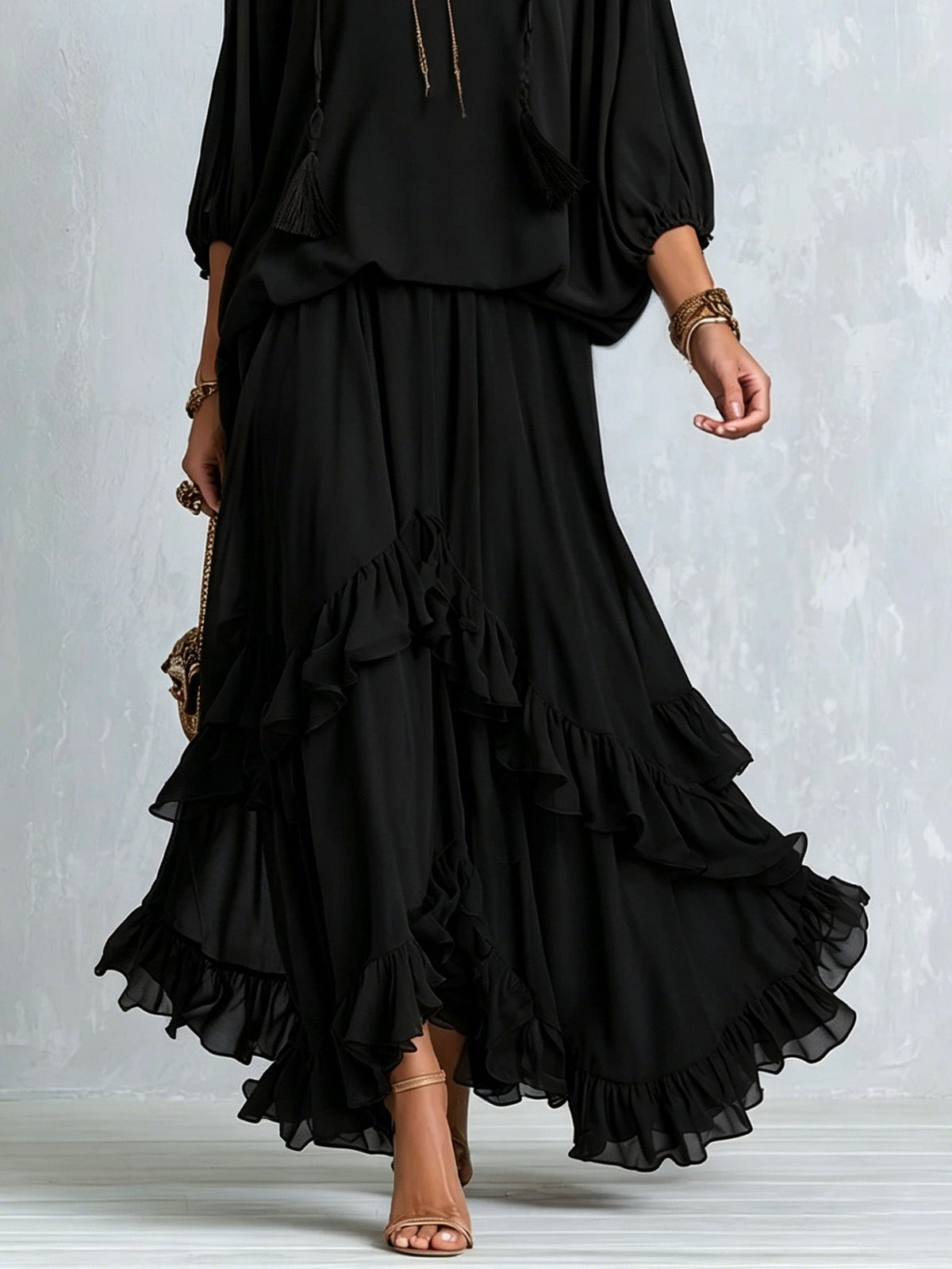 Elvira | Conjunto de Blusa de Gasa y Falda con Volantes