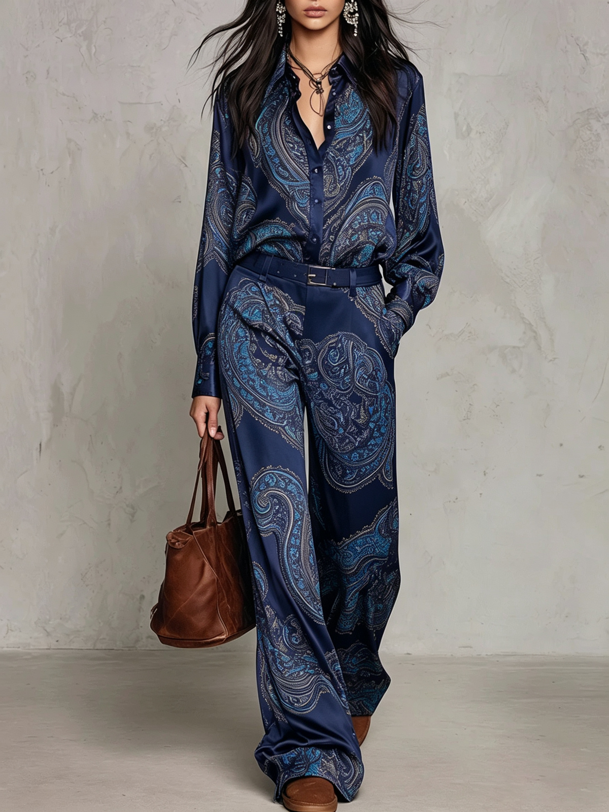 Olegaria | Conjunto de Camisa Satinada y Pantalón Ancho de Cachemir