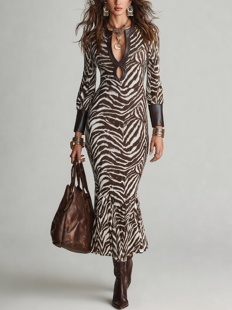 Emerenciana | Vestido Midi de Estampado de Cebra con Escote de Lágrima