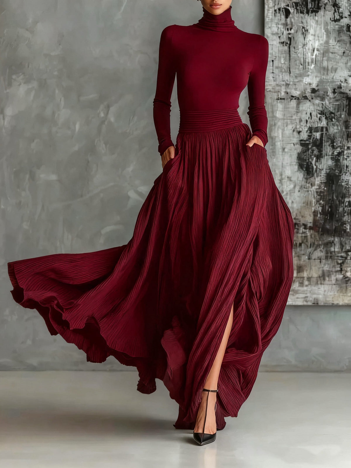 Lutgarda | Conjunto de Top de Cuello Alto y Falda Larga Plisada