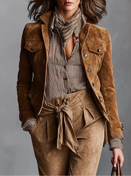 Fortunata | Chaqueta Corta de Ante Marrón con Solapas