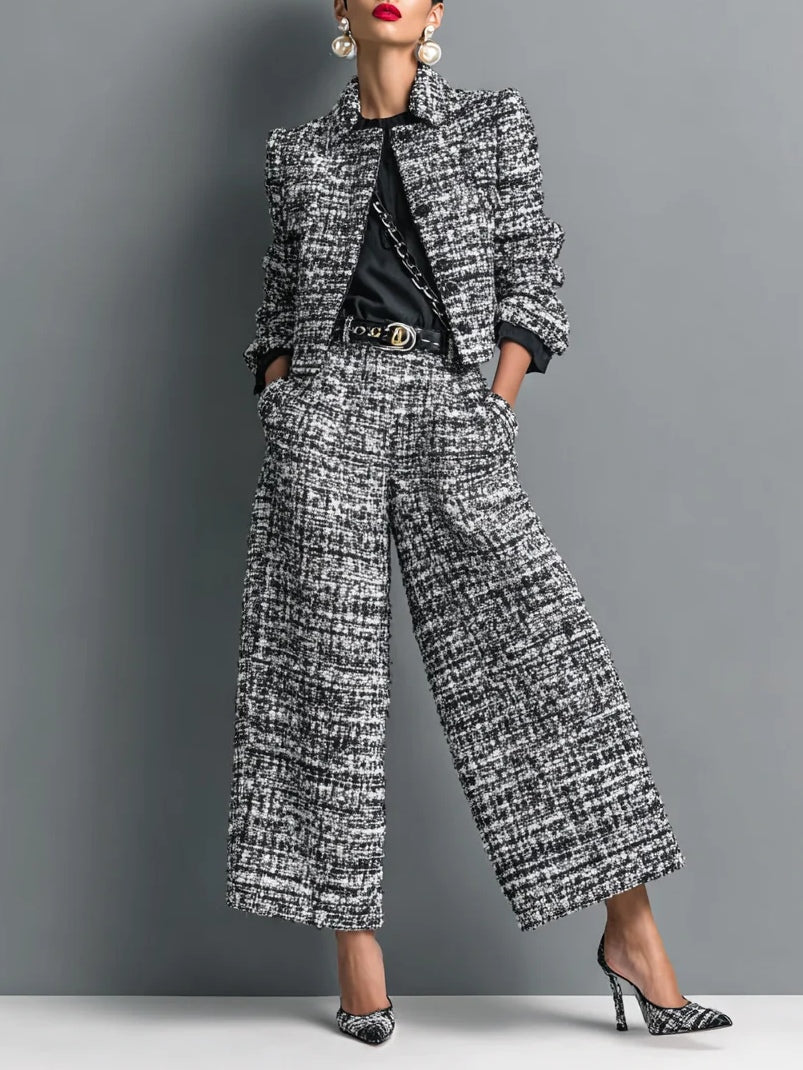 Nicanora | Conjunto de Tweed con Chaqueta Corta y Pantalón Ancho