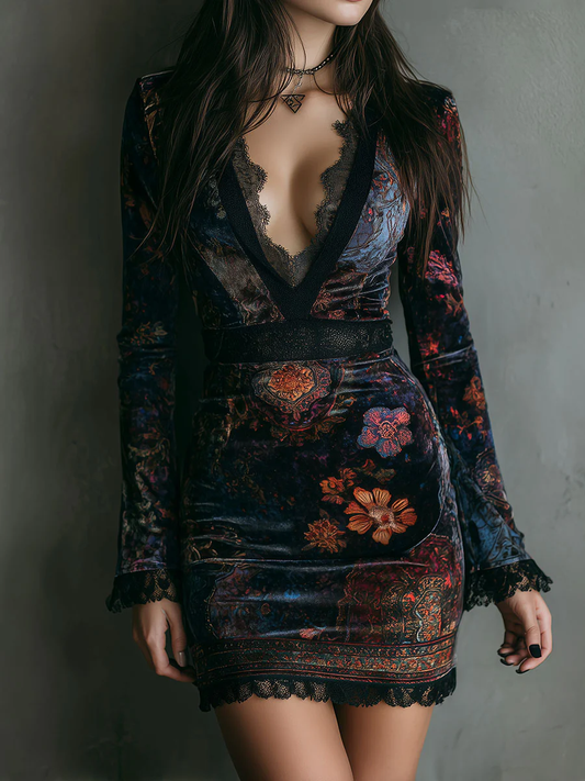 Eduvigis | Minivestido de Terciopelo Floral con Escote en V y Encaje