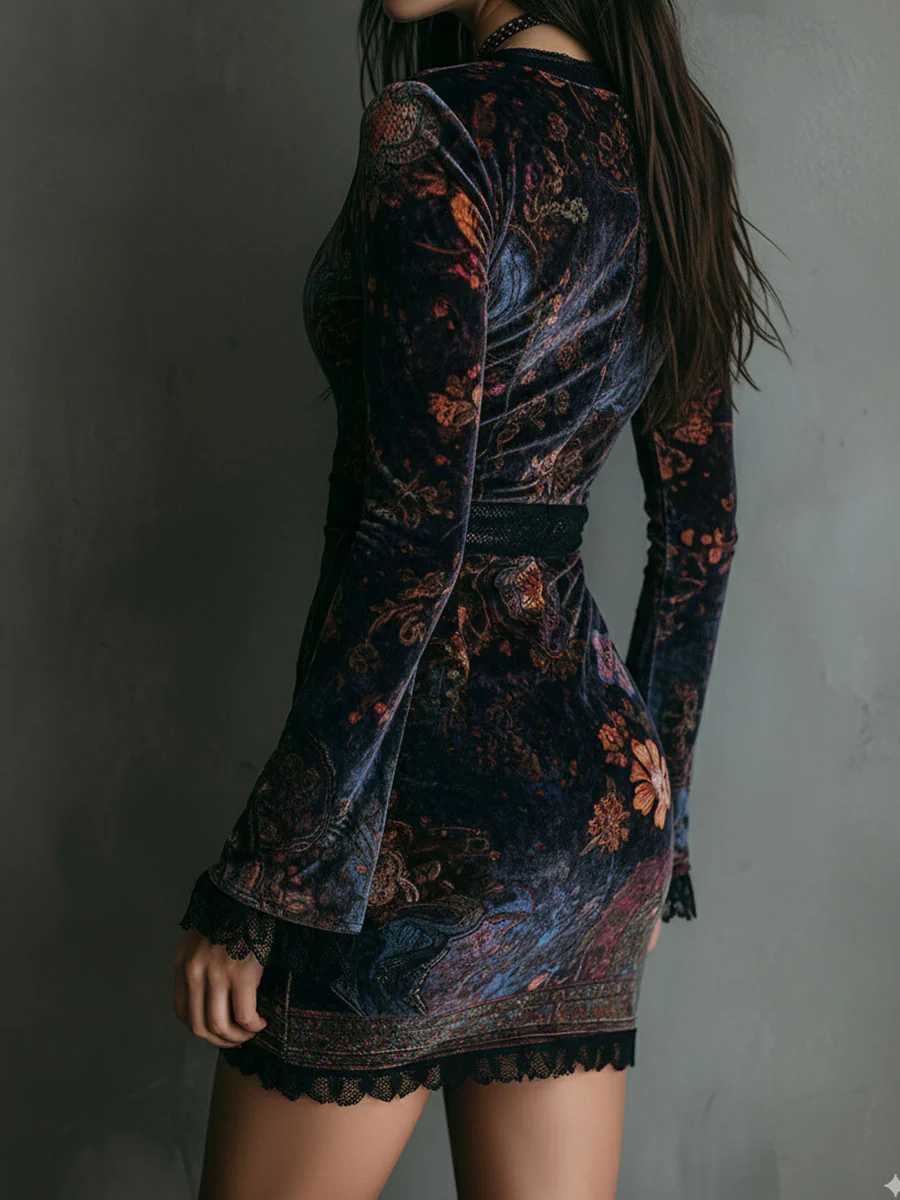 Eduvigis | Minivestido de Terciopelo Floral con Escote en V y Encaje