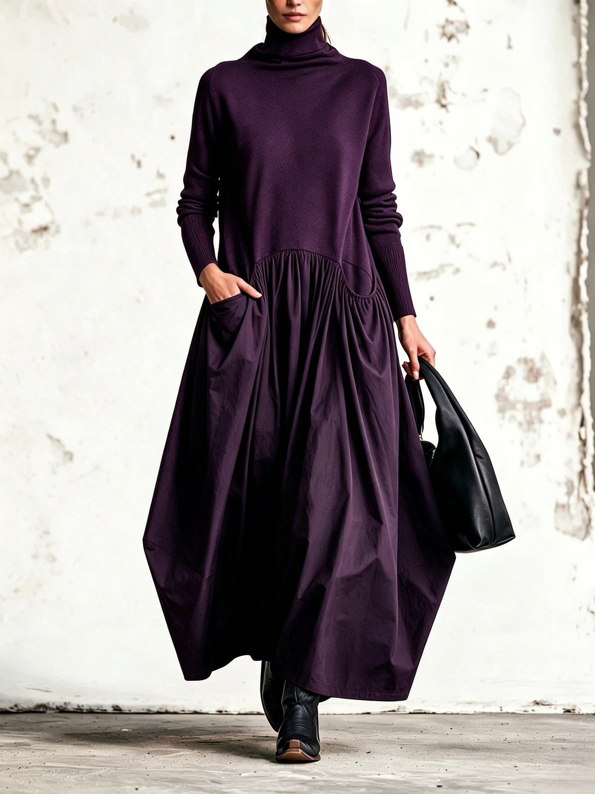 Isaura | Vestido Largo Holgado con Cuello Alto y Bolsillos