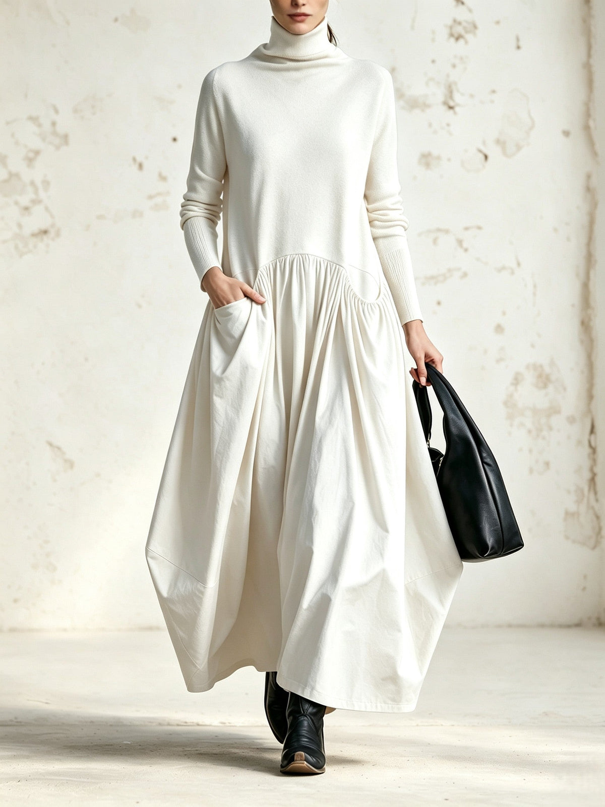 Isaura | Vestido Largo Holgado con Cuello Alto y Bolsillos