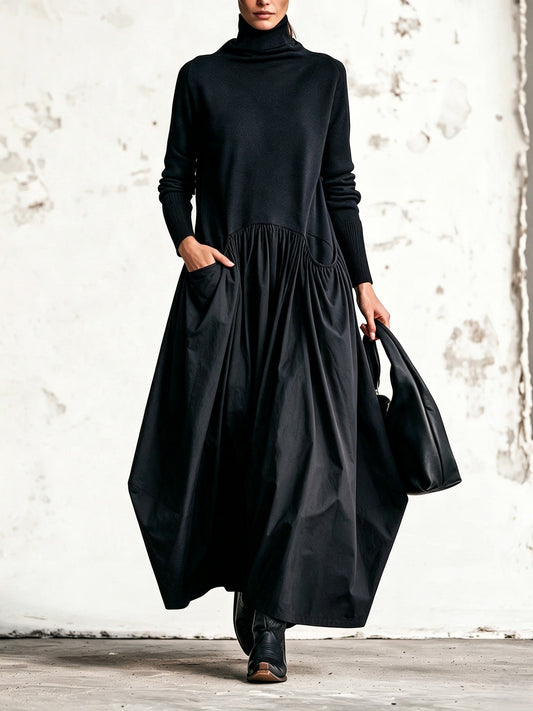 Isaura | Vestido Largo Holgado con Cuello Alto y Bolsillos