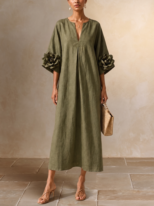 Anunciación | Vestido Midi Verde Oliva con Mangas Florales
